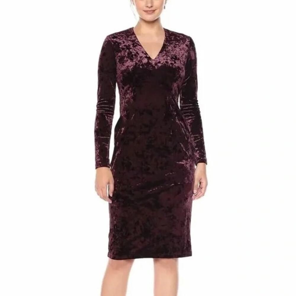 Maggy London | Burgundy Crushed Velvet, Long Sleeve, Dress | Size 14